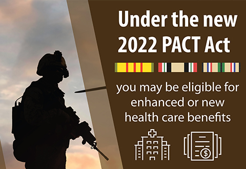 A silhouetted military figure stand next to text that reads The New PACT Act